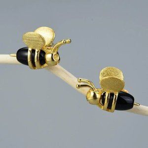 18K Gold Plated | Agate Natural Stone Bumble Bee Stud Earrings